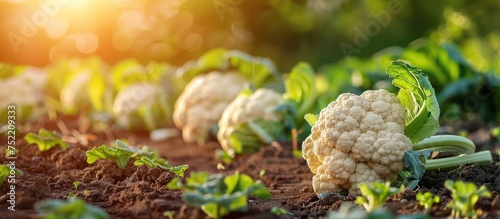 A cauliflower plant is seen growing in a field, with the sun shining in the background. The plant is thriving under the natural sunlight, showcasing organic vegetable cultivation.
