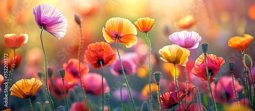 A variety of colorful wild poppy flowers bloom in the grass, adding a vibrant touch to the natural landscape. © FryArt Studio
