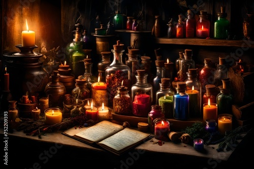 A witch's apothecary filled with glass vials of colorful potions, herbs, and spell books, bathed in the light of a single flickering candle.