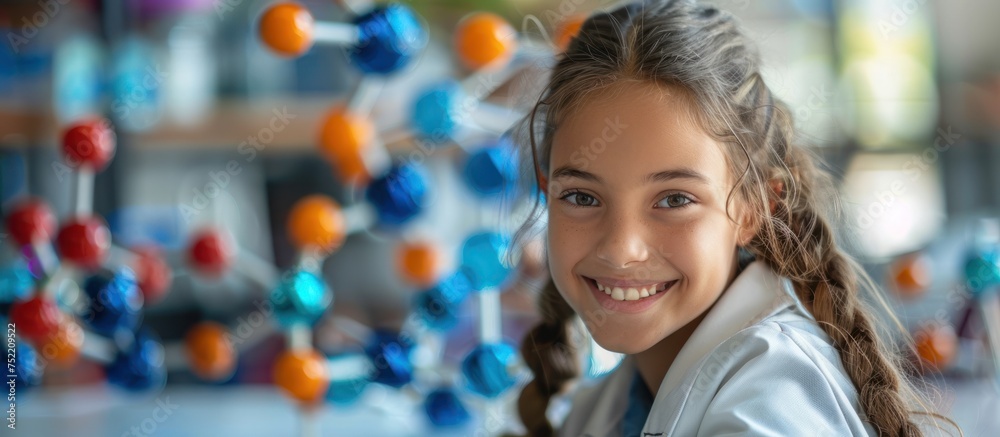 A young girl with braided hair smiling at the camera while happily learning about molecular structures. A young girl with braided hair smiling at the camera while happily learning about molecular structures.