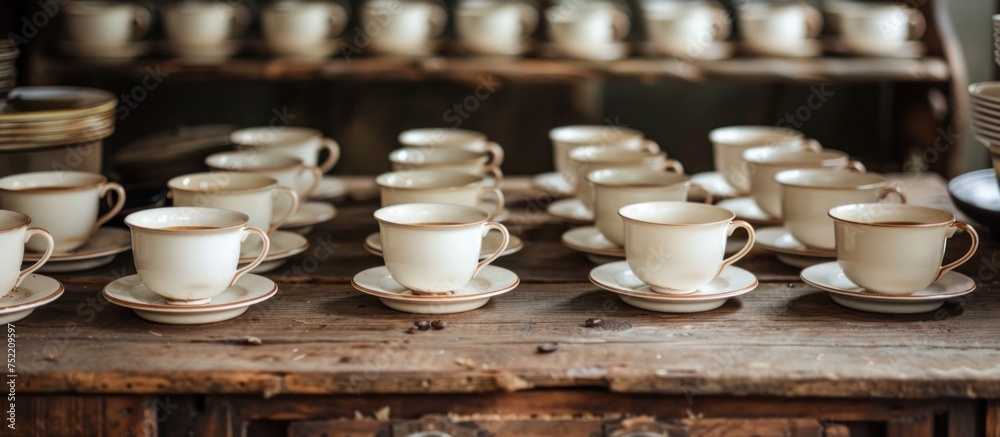 A wooden table is covered with a multitude of white cups and saucers neatly arranged. A wooden table is covered with a multitude of white cups and saucers neatly arranged.