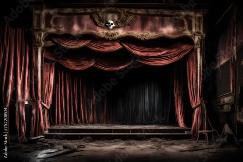 An old, decrepit, and abandoned theater stage, with tattered velvet curtains and eerie, ghostly actors frozen in a macabre performance.