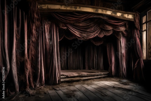 An old, decrepit, and abandoned theater stage, with tattered velvet curtains and eerie, ghostly actors frozen in a macabre performance. photo