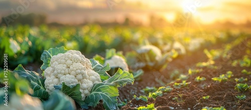 A cauliflower plant stands tall in the middle of a vast field, surrounded by greenery and under the open sky.