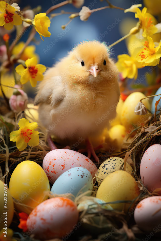 Beautiful Easter Abstract Background with Cute Yellow Chick	