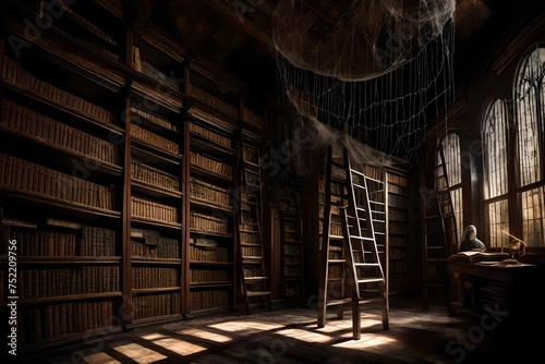 A dimly lit, forgotten library filled with dusty, ancient tomes and cobweb-covered shelves, with a ladder and a ghostly figure browsing the books. photo