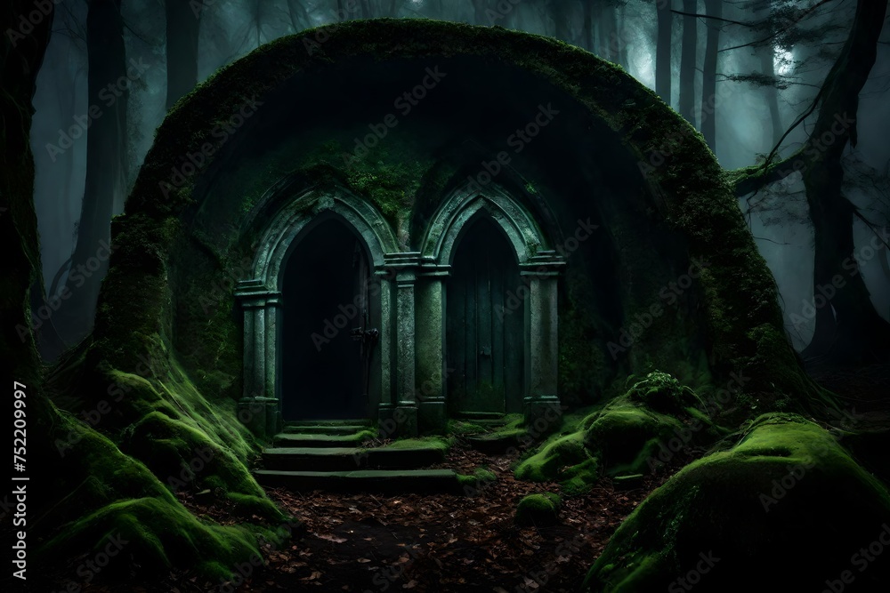 An eerie, ancient crypt hidden deep within a misty, moonlit forest, with a massive, moss-covered stone door partially ajar, revealing a ghostly glow from within.