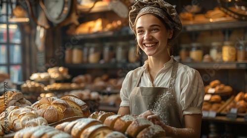 Smiling Baker Arranging Fresh Bread: Cozy, Aromatic Bakery Shop