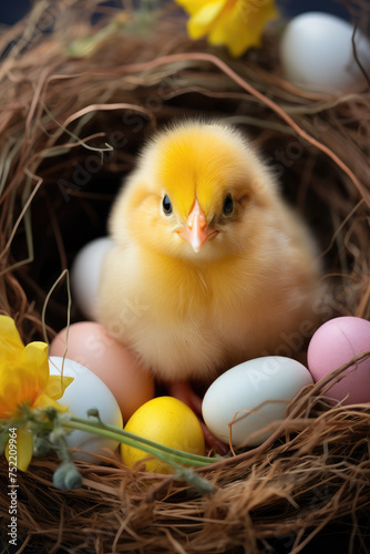 Beautiful Easter Abstract Background with Cute Yellow Chick	