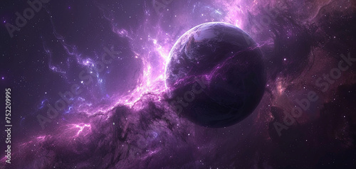 An alien planet surrounded by a vibrant purple nebula, illuminating the vastness of space with stars scattered throughout.