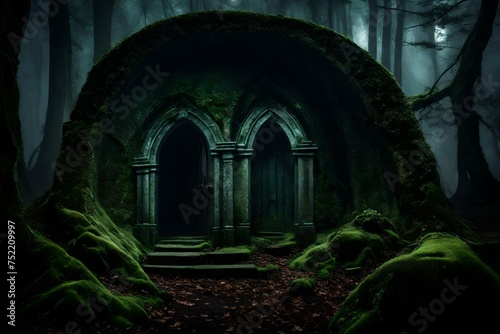 An eerie  ancient crypt hidden deep within a misty  moonlit forest  with a massive  moss-covered stone door partially ajar  revealing a ghostly glow from within.