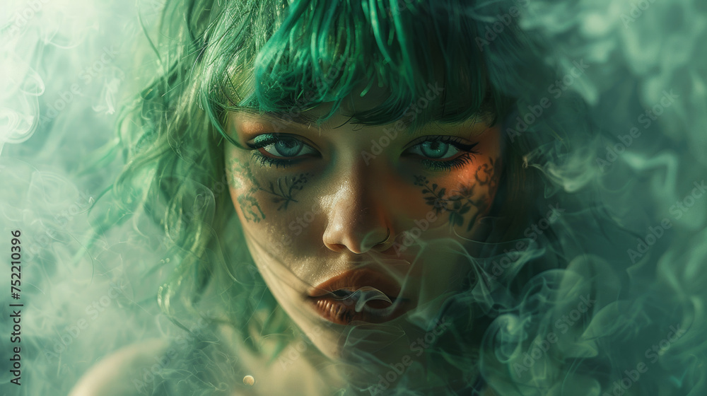Girl with tattoo in smoke in the background, green hair, smoke and lighting Girl with tattoo in smoke in the background, green hair, smoke and lighting