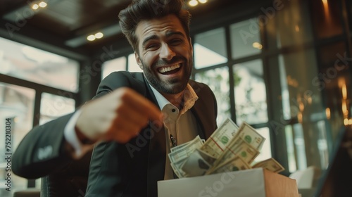 crazy happy businessman with a lot of money in briefcase, Generative Ai