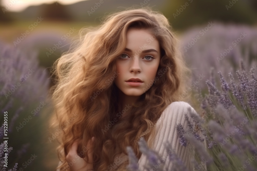 Young pretty woman with long hair standing near lavender field Young pretty woman with long hair standing near lavender field