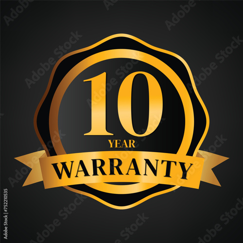 10 year warranty logo with golden shield and golden ribbon.Vector illustration.