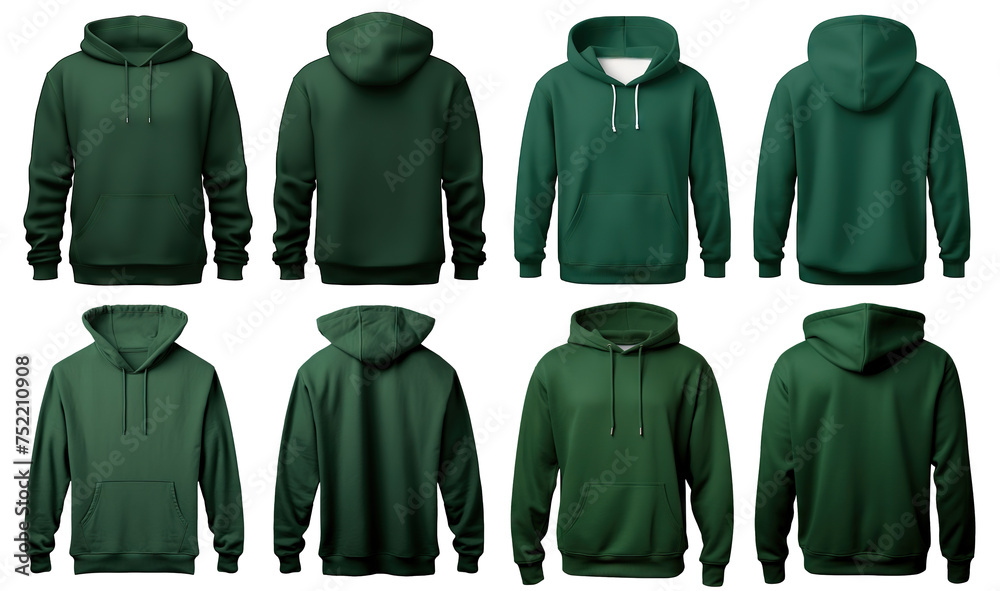 Green hooded sweatshirts mockup set, cut out