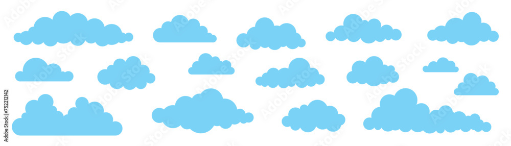 Collection of different abstract flat cartoon fluffy clouds isolated on white sky panorama vector illustration. Weather forecast symbols set. Outdoor nature, spring weather cloudscape