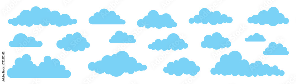 Collection of different abstract flat cartoon fluffy clouds isolated on white sky panorama vector illustration. Weather forecast symbols set. Outdoor nature, spring weather cloudscape Collection of different abstract flat cartoon fluffy clouds isolated on white sky panorama vector illustration. Weather forecast symbols set. Outdoor nature, spring weather cloudscape