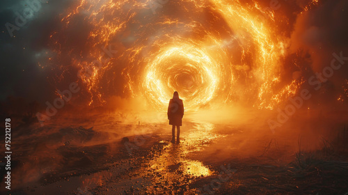 Man entering unknown yellow glowing portal, near death experience concept
