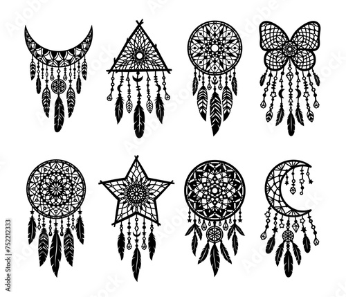 Vector dream catcher with a crescent moon. Decorative illustration in boho style. Hand-drawn ethnic symbol. For paper and laser cutting, printing on T-shirts, mugs.