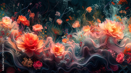 Mysterious dream-like flowers on dark background