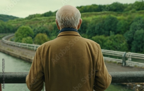 An elderly man standing on a bridge