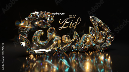 Luxurious 3D "Eid Mubarak" typography crafted from glistening gemstones, set against a velvety black background. Each facet of the gems reflects light, exuding richness and sophistication. /8K