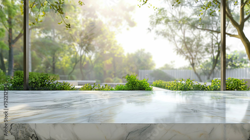 Empty table in front of blurred background. Perspective white stone marble over blur trees in forest.