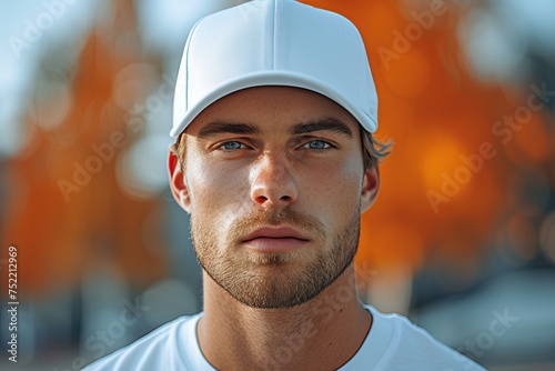portrait of caucasian man wearing plain cap hat, mockup photo