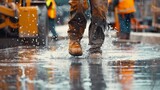 A construction worker struggles to maintain his balance on the wet surface