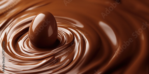 A chocolate egg floating in melted chocolate, Easter background with copy space for text