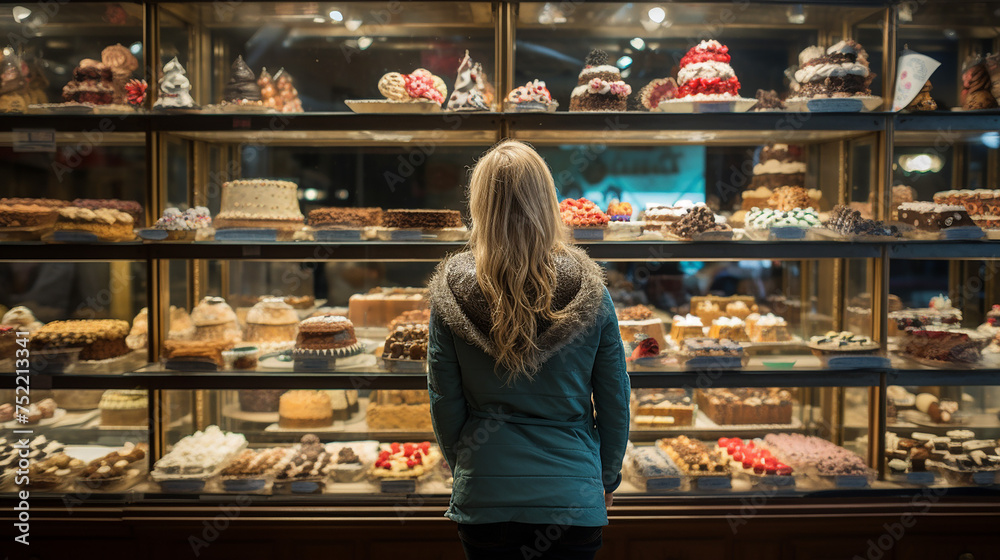 tourist choosing cakes of the desserts shelf service. woman on bakery shop