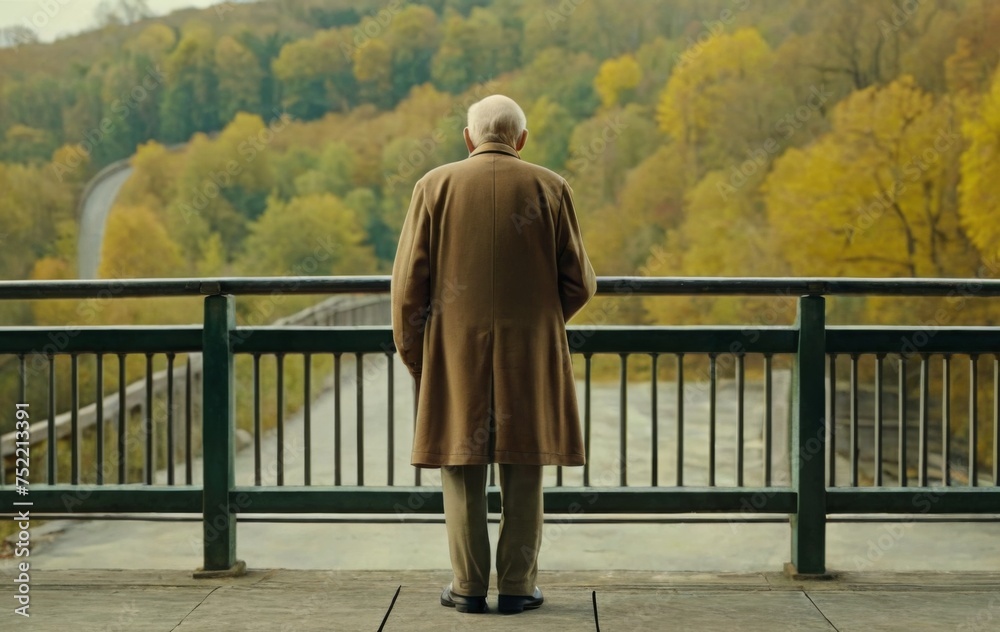 An elderly man standing on a bridge An elderly man standing on a bridge