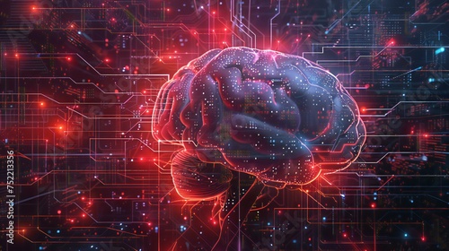 A brain is shown in a computerized image with a red background. The brain is surrounded by a network of wires and circuits, giving the impression of a futuristic, technological environment