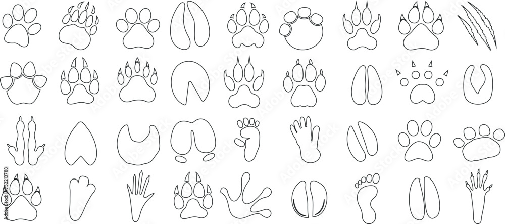 Animal paw prints vector, diverse collection, line art design. Ideal for educational, informational graphics, and decorative purposes. Wildlife tracks, pet prints, nature illustration