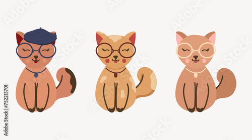 Set of adorable cats wearing glasses. animal character. vector  