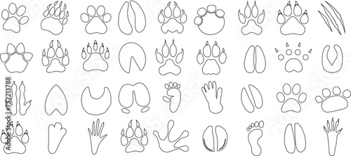 Animal paw prints vector, diverse collection, line art design. Ideal for educational, informational graphics, and decorative purposes. Wildlife tracks, pet prints, nature illustration