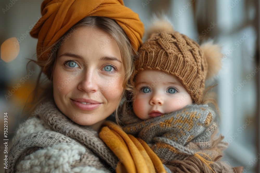 Beautiful young mother holding her baby wearing matching autumn outfits Beautiful young mother holding her baby wearing matching autumn outfits