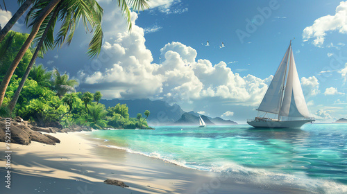 A lone sailboat anchored near a tropical beach