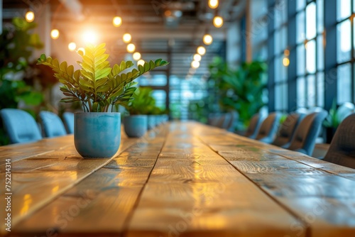 A tastefully decorated modern office space, featuring a beautiful plant on a long wooden table © svastix