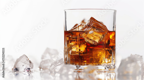 glass with whiskey and ice on white background