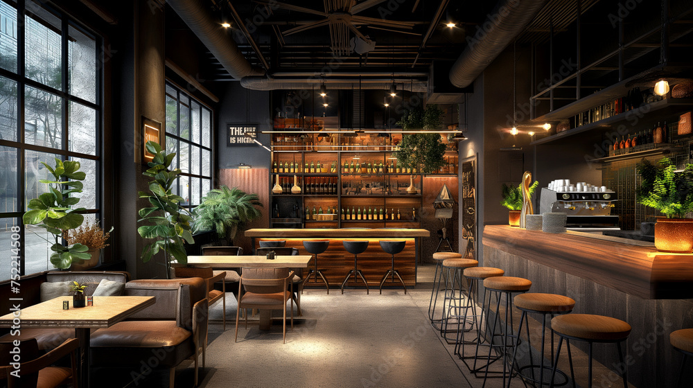 Interior of cozy restaurant. Contemporary design in loft style, modern dining place and bar counter