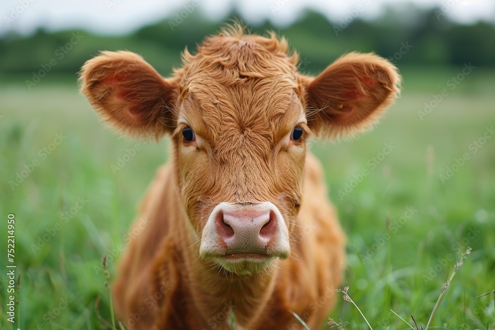 Frontal close-up of a brown cow with a gentle expression standing in a green field Frontal close-up of a brown cow with a gentle expression standing in a green field