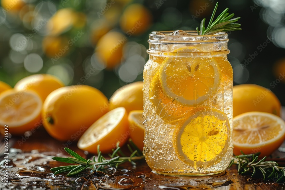 A mason jar filled with sparkling homemade lemonade, garnished with fresh lemon slices and rosemary, amidst whole and sliced lemons. Generative AI A mason jar filled with sparkling homemade lemonade, garnished with fresh lemon slices and rosemary, amidst whole and sliced lemons. Generative AI