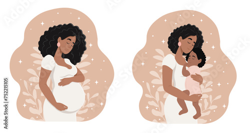 Mother with a newborn baby. Pregnant black woman with a belly. Pregnancy and motherhood. Flat vector illustration.
