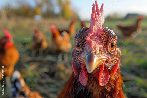 Focused shot with a detailed head of a chicken in a farm setting, surrounded by fellow chickens photo