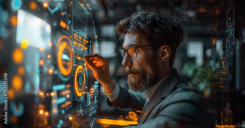 A Sharply Dressed Man With Glasses and Beard Absorbed in the Data Displayed on a High-Tech Steampunk Server Interface. © Studio PRZ