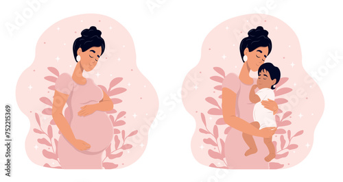 Pregnancy and motherhood. Flat vector illustration.