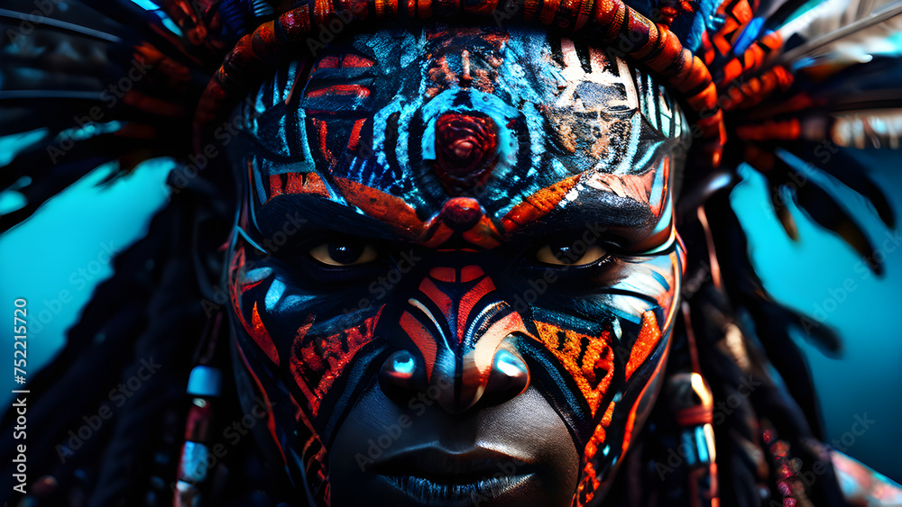 Soul of the Chief: Malevolent Aura in Tribal Face Artistry, Intertwining Textures, and Sinister Gaze 