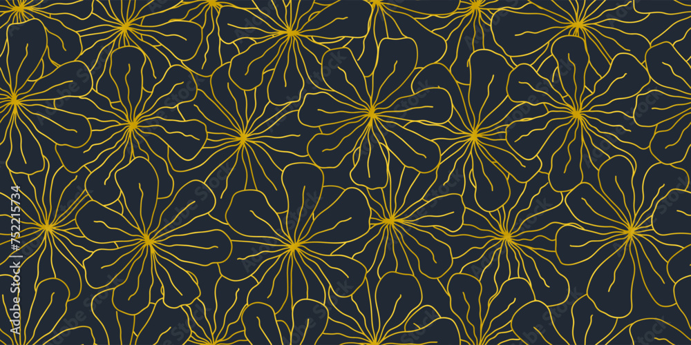 Seamless pattern golden flower hand drawn for textile design, wallpaper, stationery, home decor, packaging, background, art and crafts.